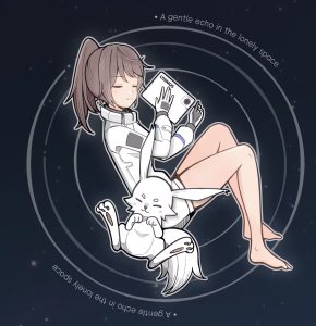 人物抱着平板漂浮在星空中的插画