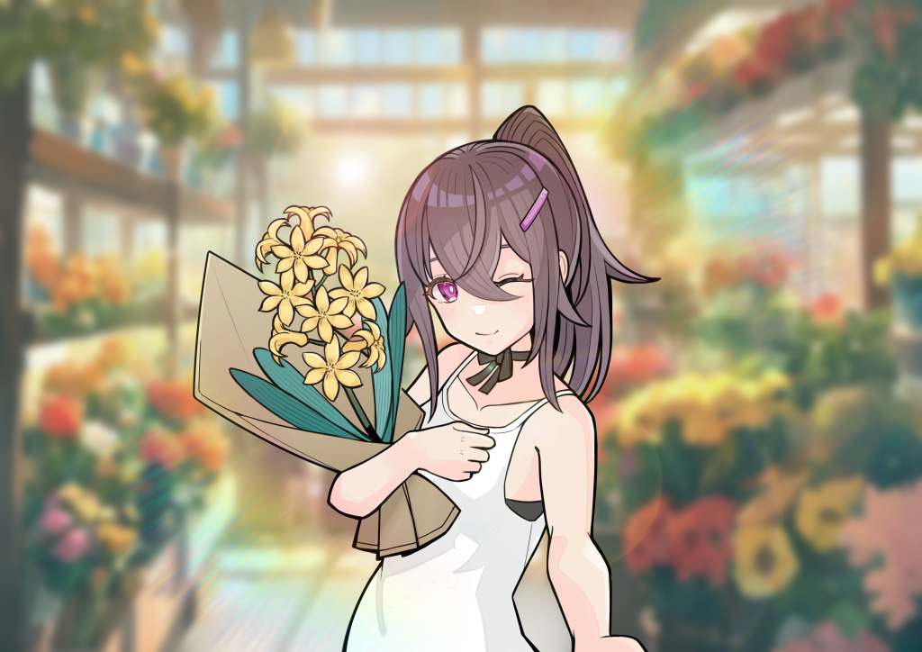 花店中手捧花束的人物插画