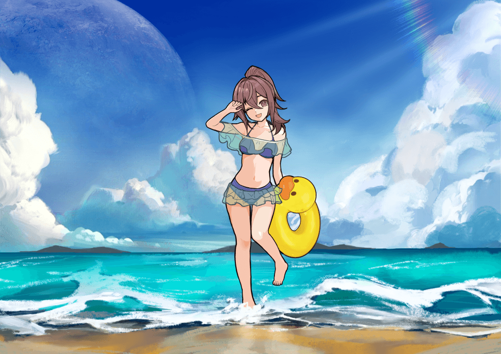 海边人物与蓝天白云的插画