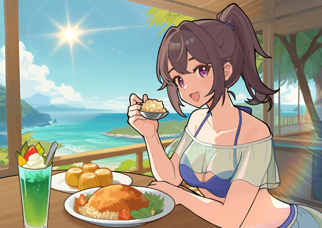 海边餐桌前用餐的人物插画