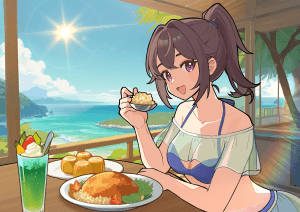 海边餐桌前用餐的人物插画