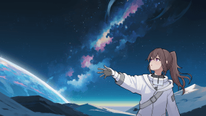 人物在星空与行星前探索的插画