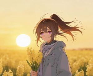 夕阳花田中手捧花束的人物插画