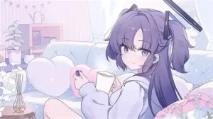 淡紫色调的插画：一位女生坐在沙发上抱着马克杯，配合 TypeScript 入门文章的封面