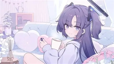 淡紫色调的插画:一位女生坐在沙发上抱着马克杯,配合 TypeScript 入门文章的封面