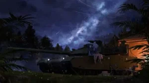 星空下的科幻夜景、车辆与人物